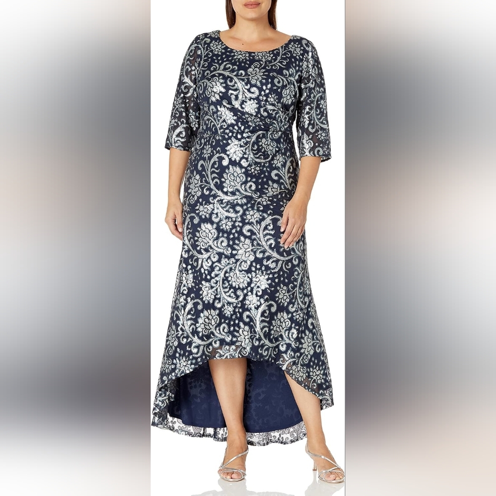 BRIANNA Navy and Silver Floral Embelished Patterned Dress